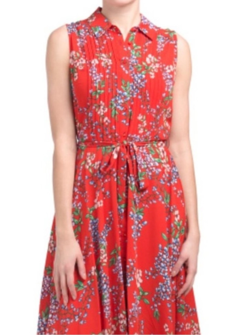 Nanette Lepore Red Floral Sleeveless Midi Dress Belted Fit & Flare Size 6